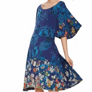 Desigual Brenda Dress Blue Floral Print Midi Dress Low Back Loose Sleeves Small